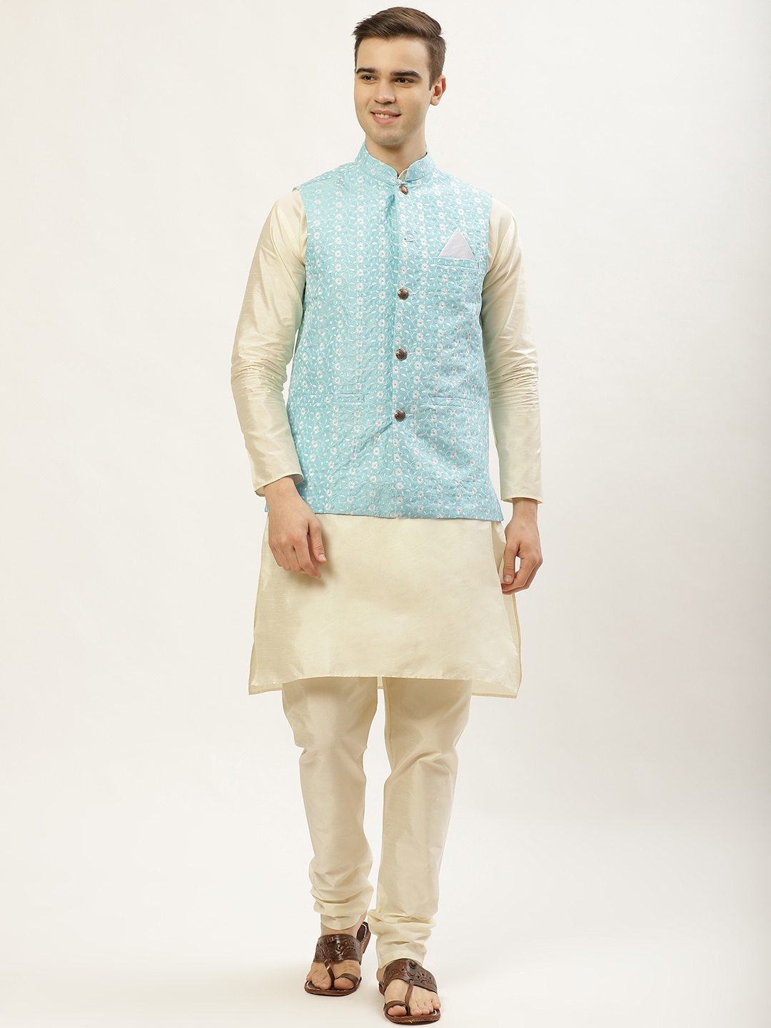 

Jompers Men Off White Floral Embroidered Dupion Silk Kurta with Churidar