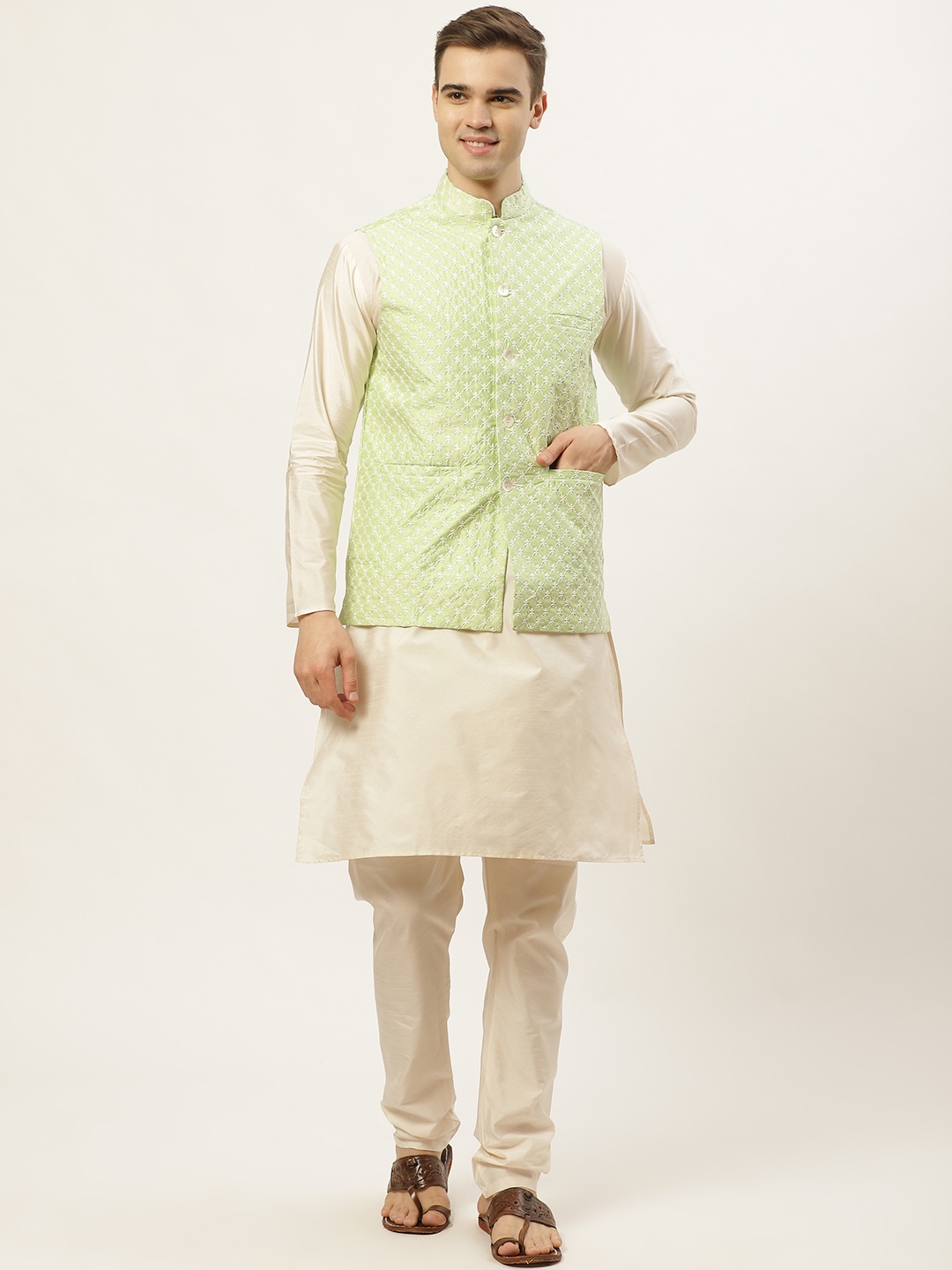 

Jompers Men Off White Embroidered Dupion Silk Kurta with Churidar