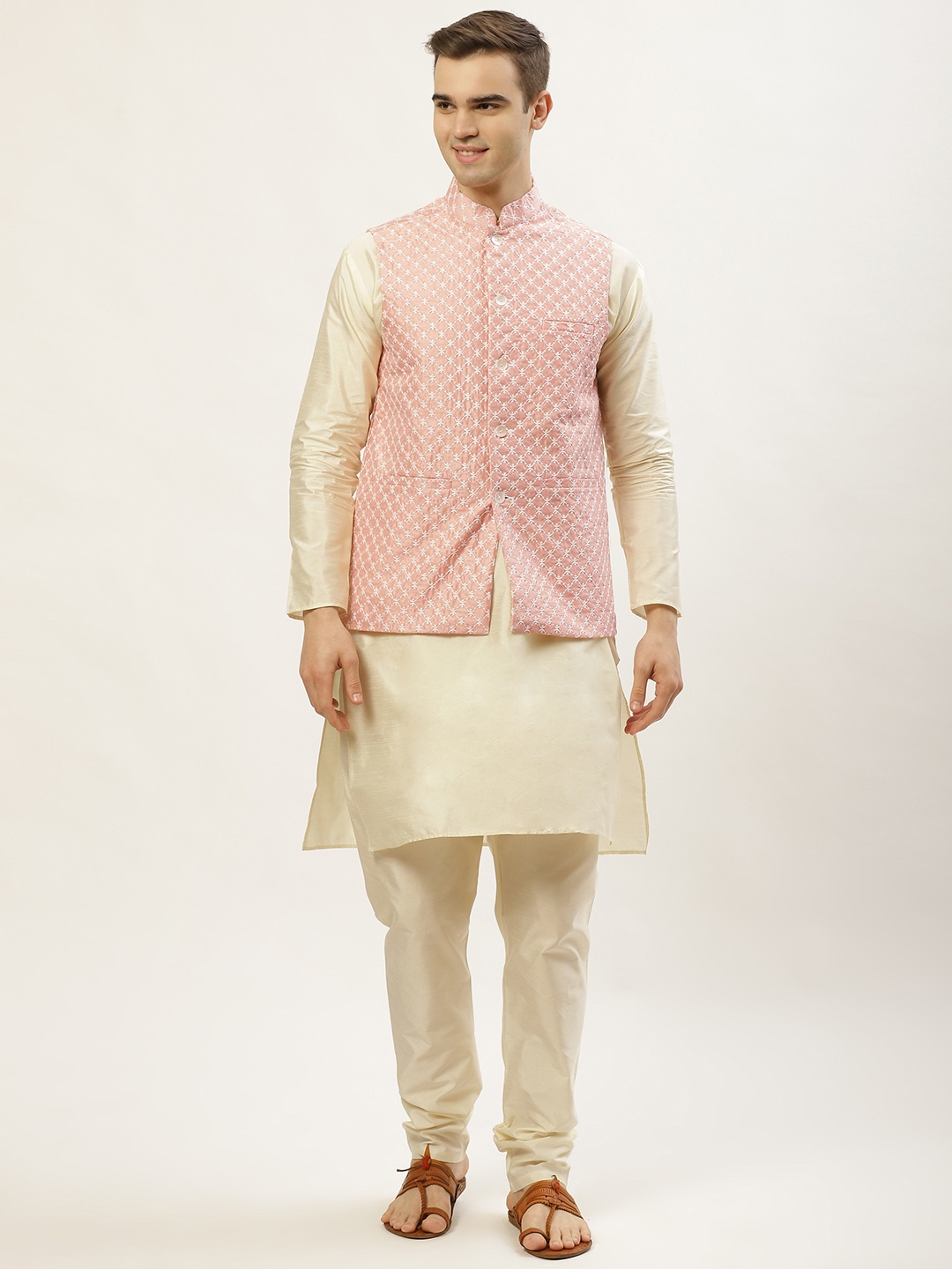 

Jompers Men Beige Embroidered Dupion Silk Kurta with Churidar