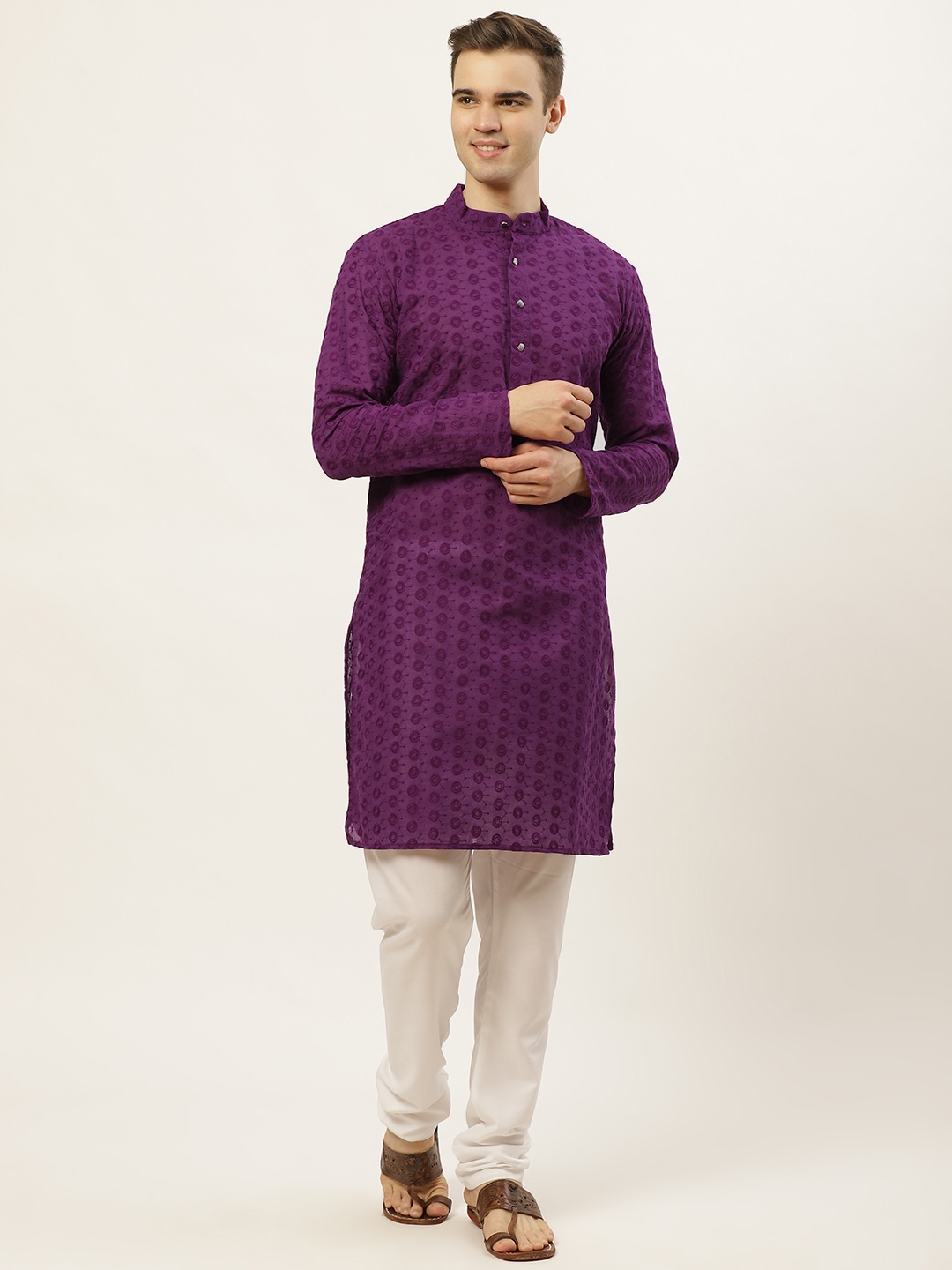 

Jompers Men Purple & White Chikankari Embroidered Pure Cotton Kurta with Churidar