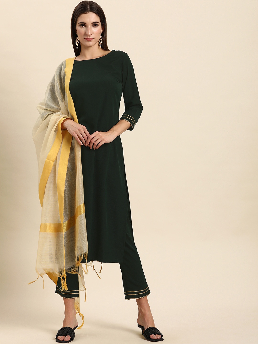 

Janasya Women Green Kurta with Trousers & With Dupatta