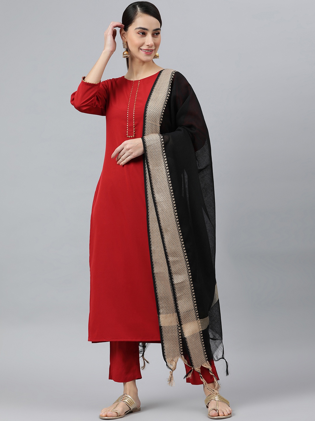 

Janasya Women Maroon Kurta with Palazzos & Dupatta