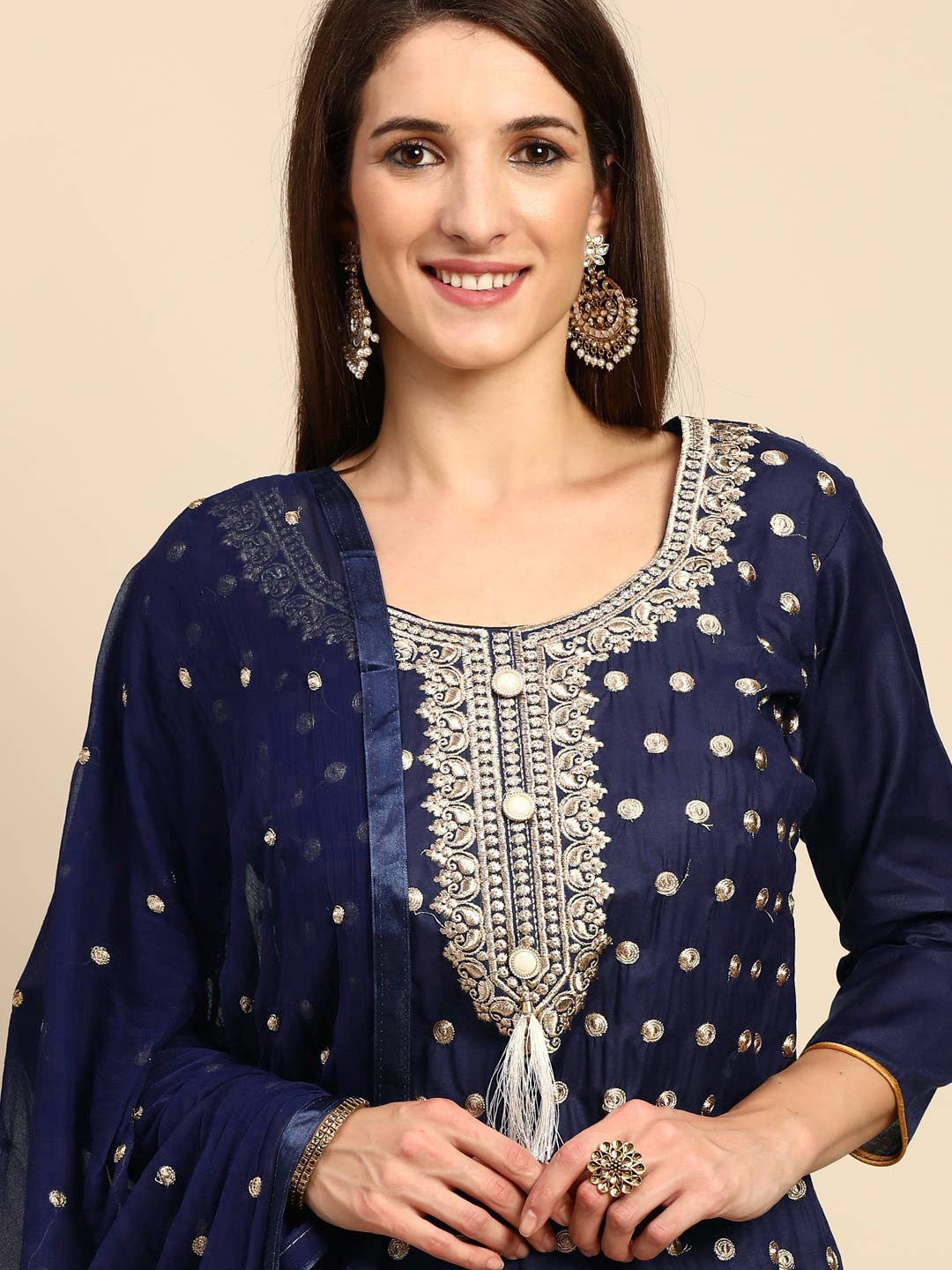 

Shaily Navy Blue & Golden Zari Embroidered Unstitched Dress Material