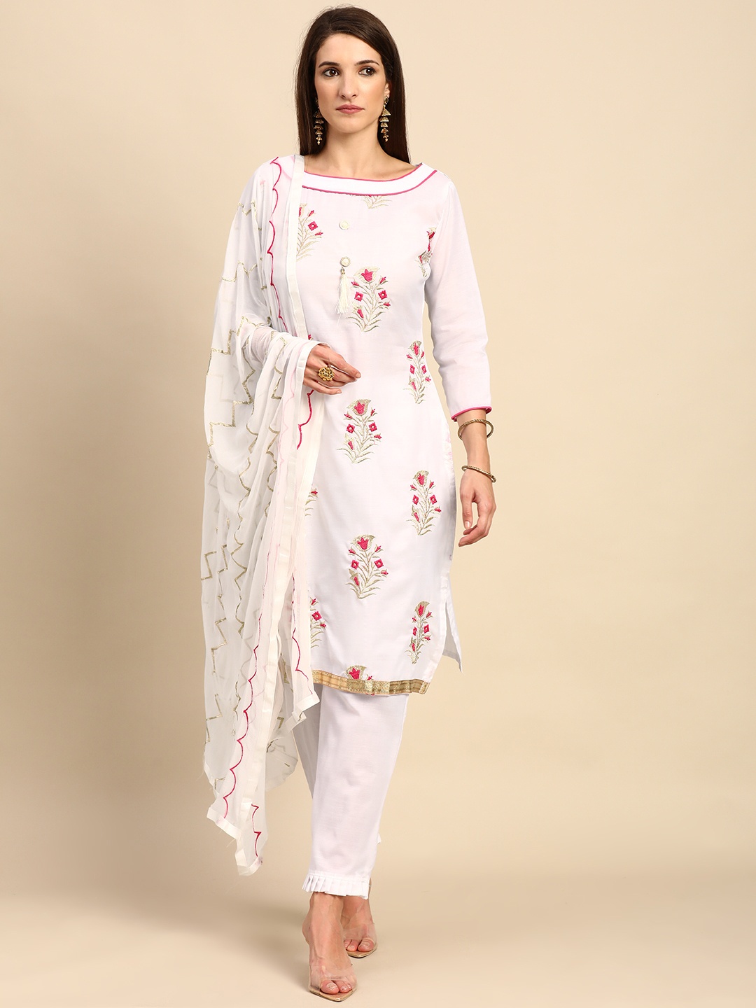 

Shaily White & Pink Embroidered Unstitched Dress Material