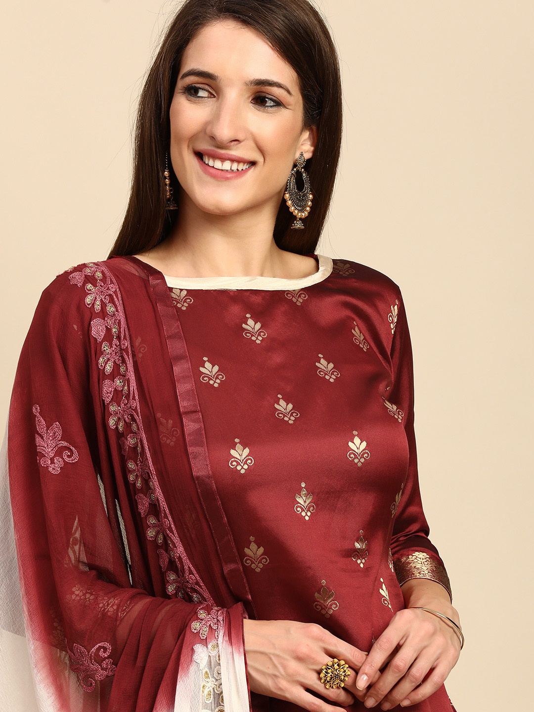 

Shaily Maroon & Cream-Coloured Woven Design Unstitched Dress Material