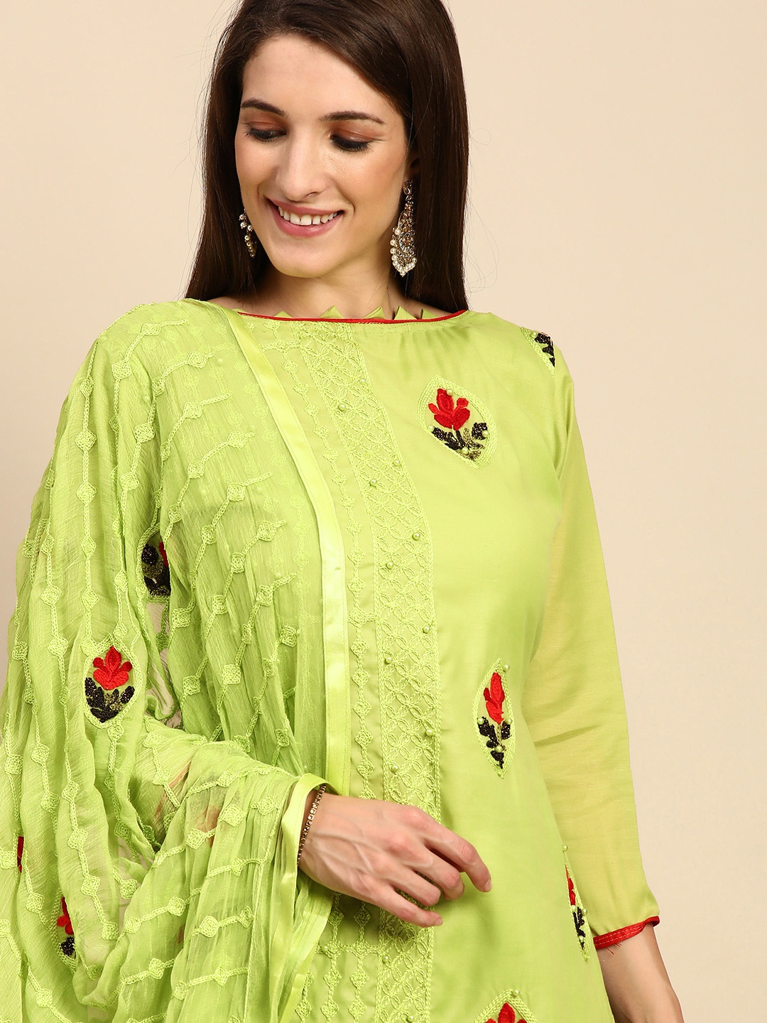 

Shaily Green & Red Embroidered Unstitched Dress Material