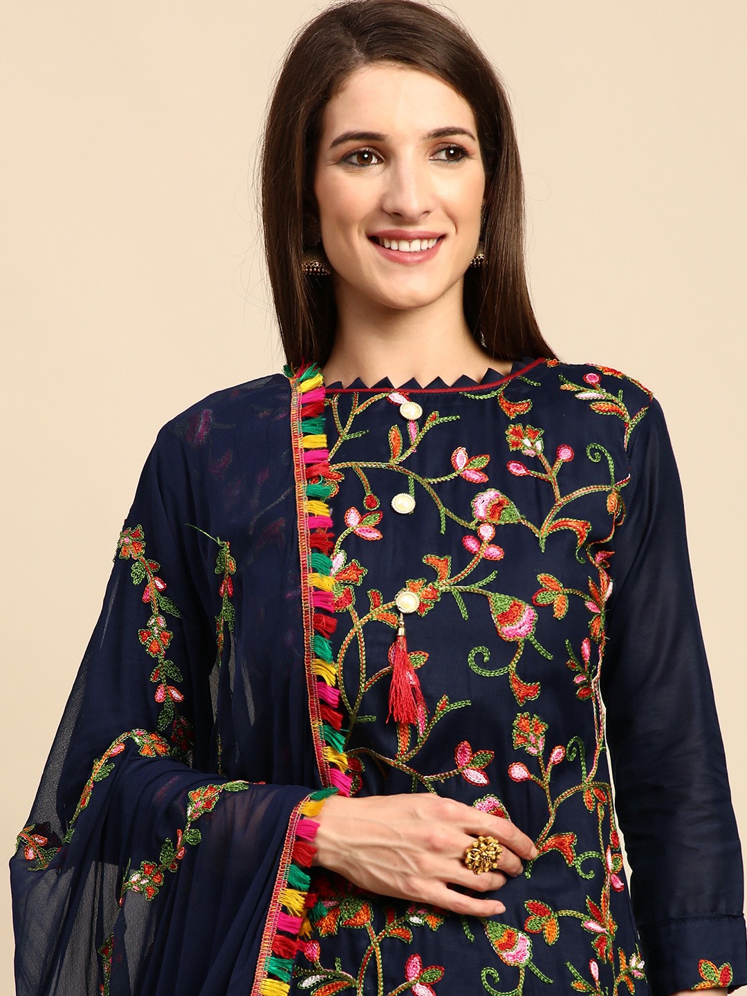 

Shaily Navy Blue & Orange Embroidered Unstitched Dress Material