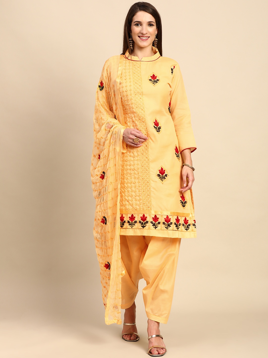 

Shaily Yellow & Red Embroidered Unstitched Dress Material