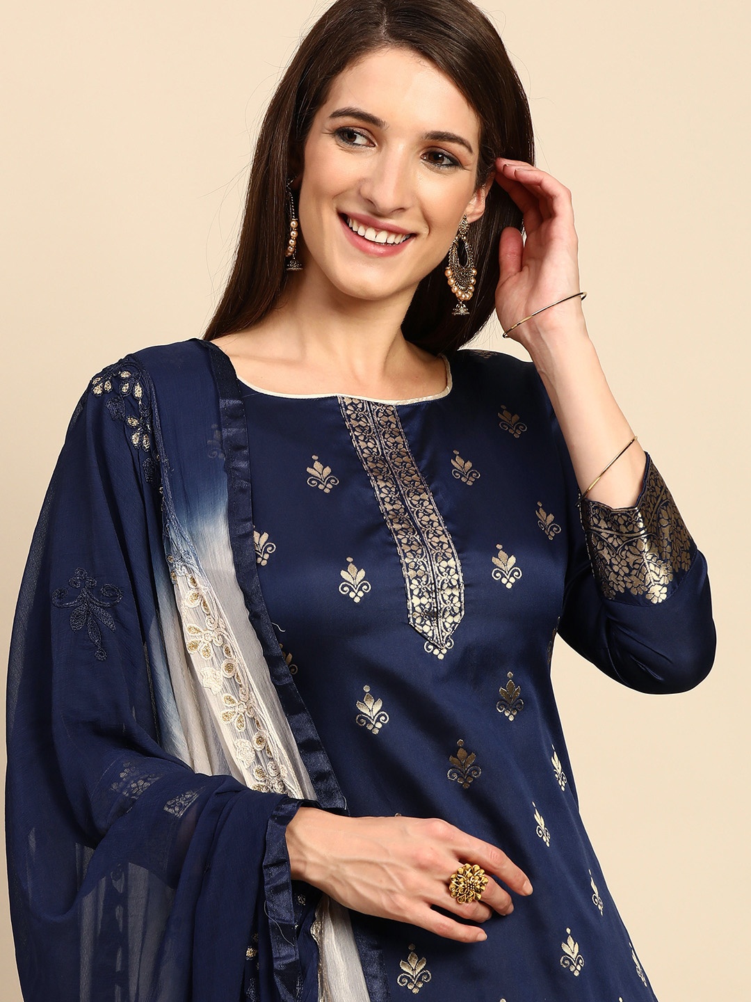 

Shaily Navy Blue & Golden Woven Design Unstitched Dress Material