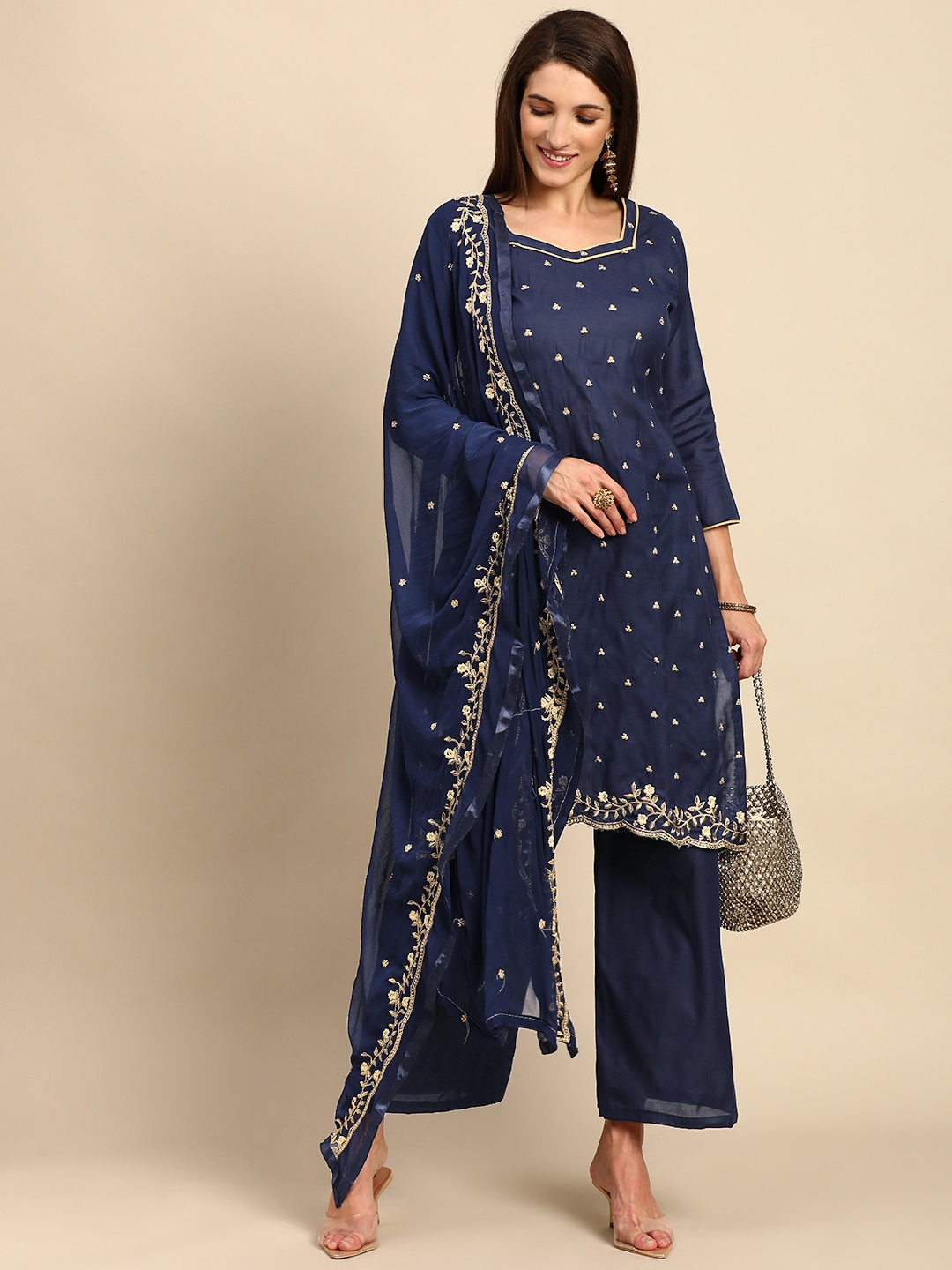 

Shaily Navy Blue & Golden Zari Embroidered Unstitched Dress Material