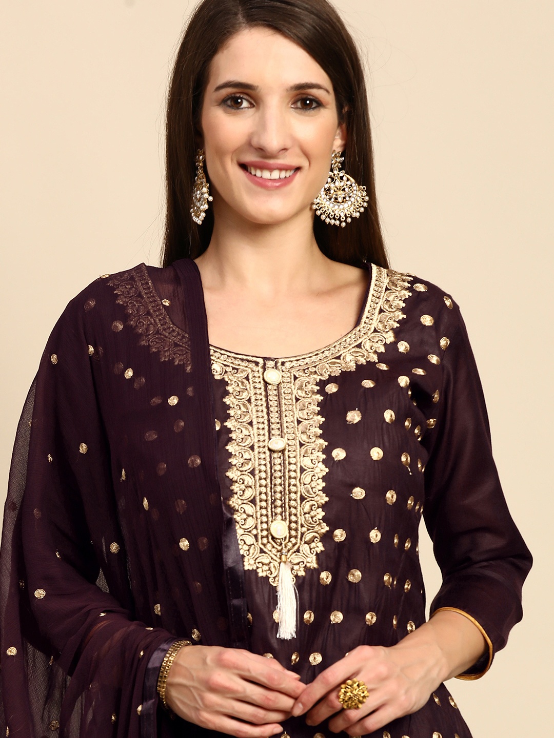 

Shaily Wine-Coloured & Golden Zari Embroidered Unstitched Dress Material, Purple