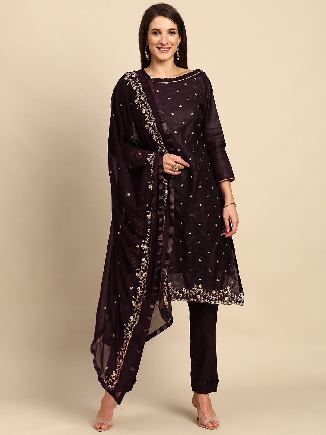 

Shaily Wine-Coloured & Golden Zari Embroidered Unstitched Dress Material, Purple