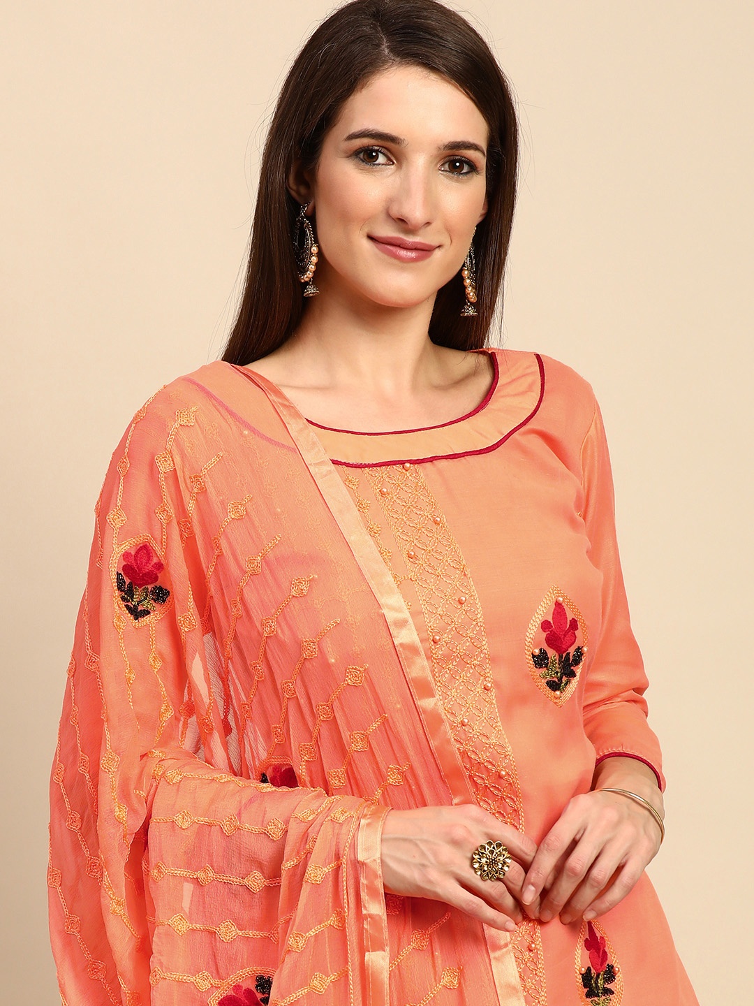 

Shaily Peach-Coloured & Red Embroidered Unstitched Dress Material