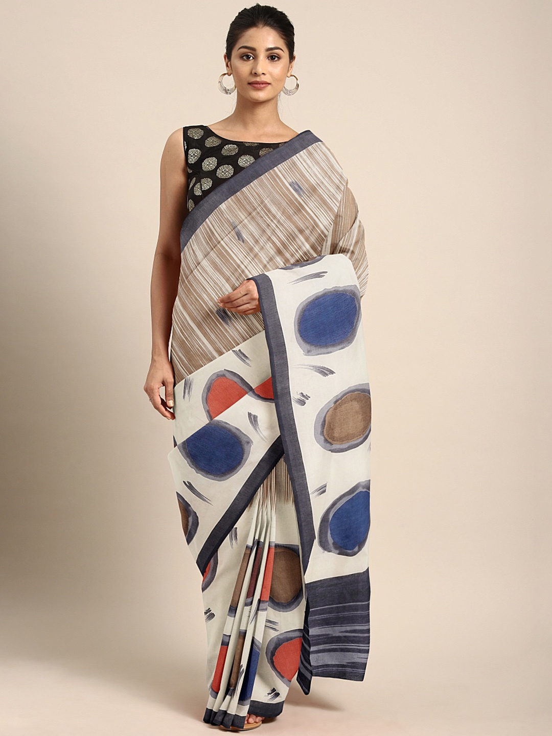 

KALINI Off White Pink Printed Crepe Saree