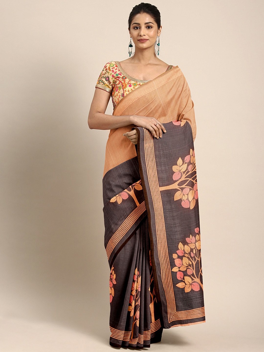 

KALINI Brown Pink Printed Crepe Saree