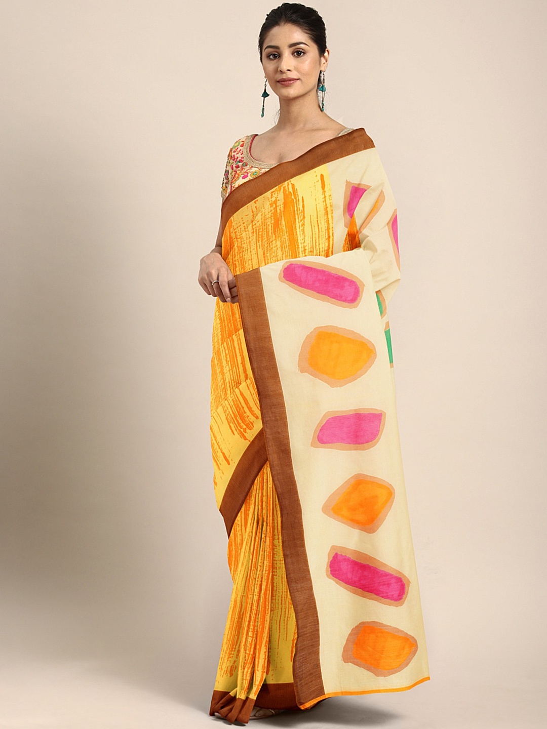 

KALINI Yellow Pink Printed Crepe Saree