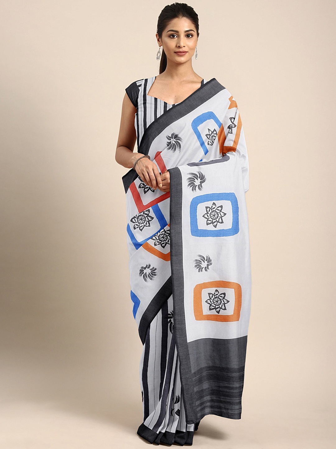 

KALINI Off White Pink Printed Crepe Saree