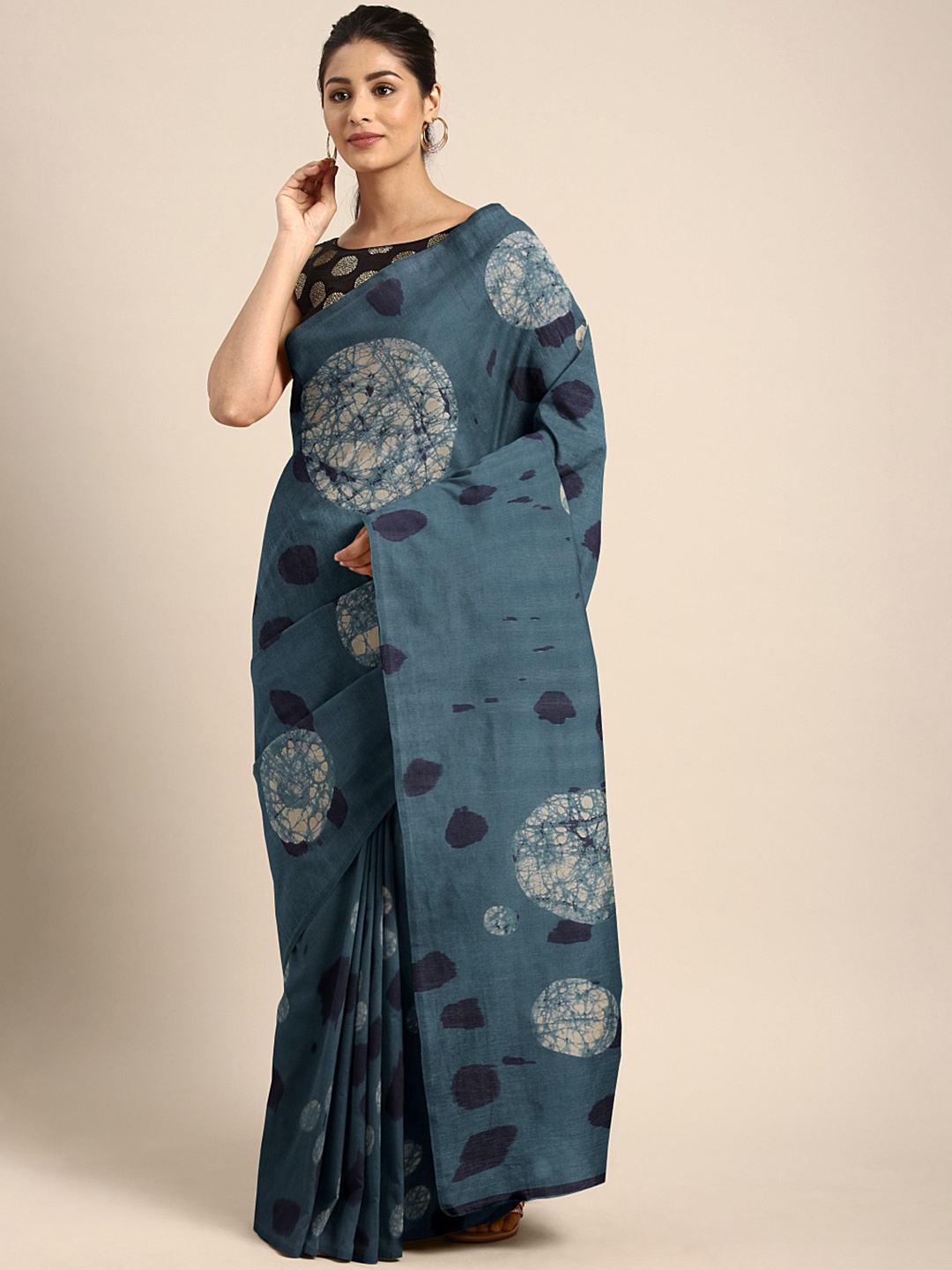 

KALINI Teal Pink Printed Crepe Saree