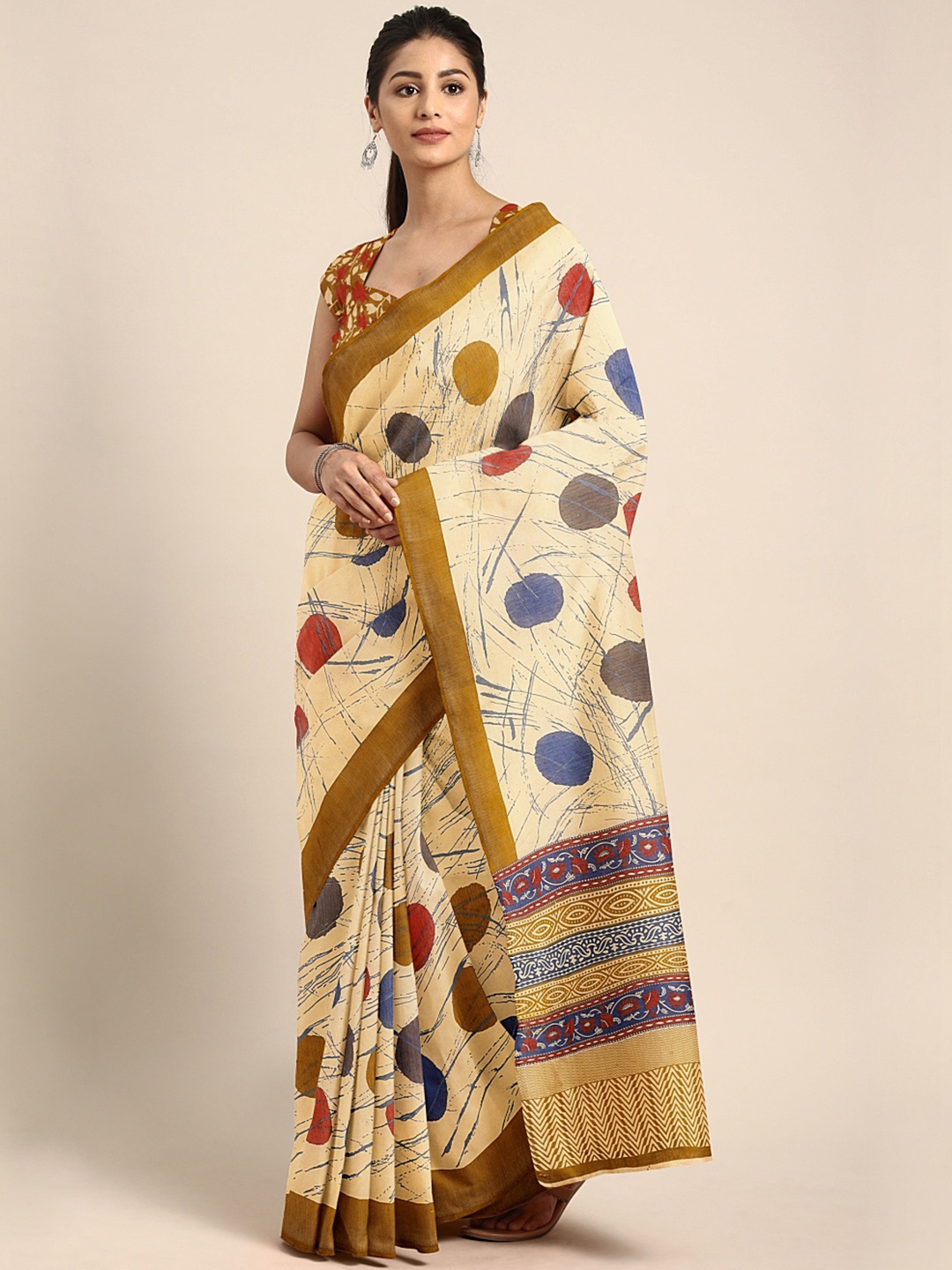 

KALINI Beige Pink Printed Crepe Saree