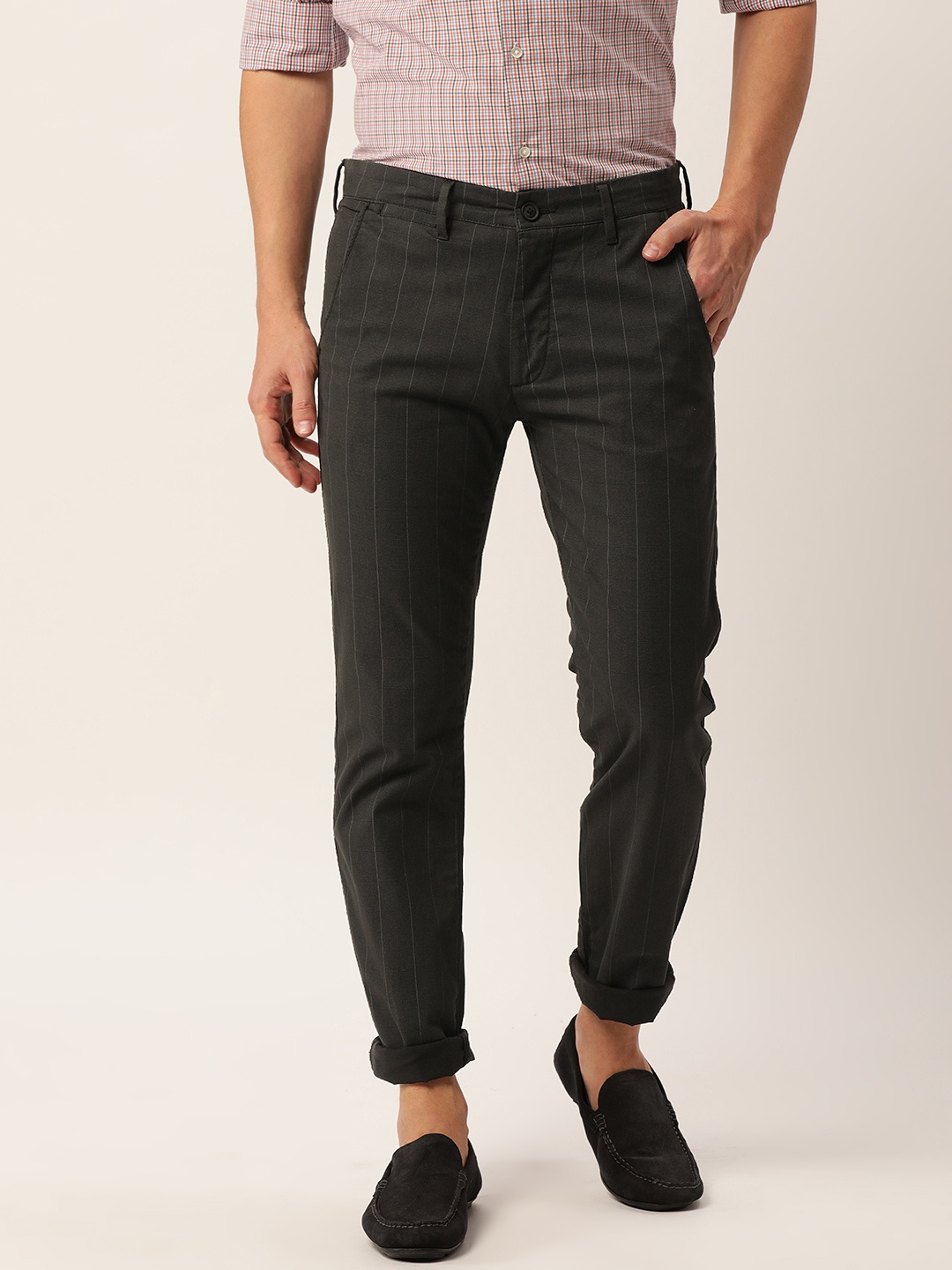 

PETER ENGLAND UNIVERSITY Men Black Striped Slim Fit Trousers
