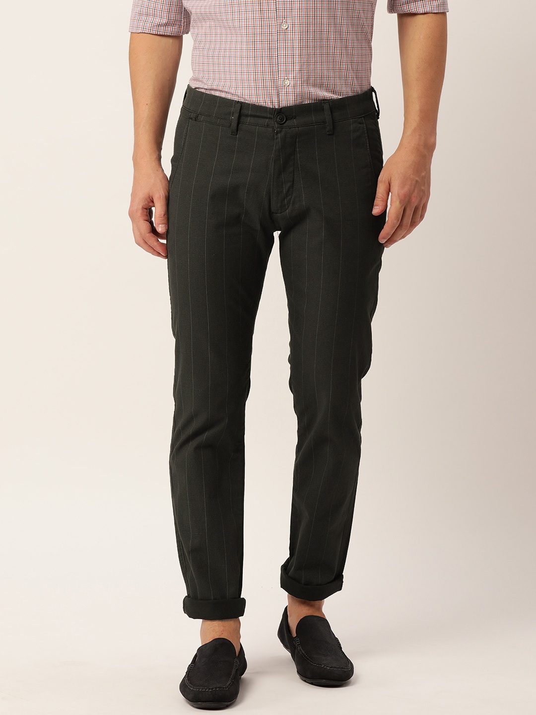 

PETER ENGLAND UNIVERSITY Men Black Striped Slim Fit Trousers