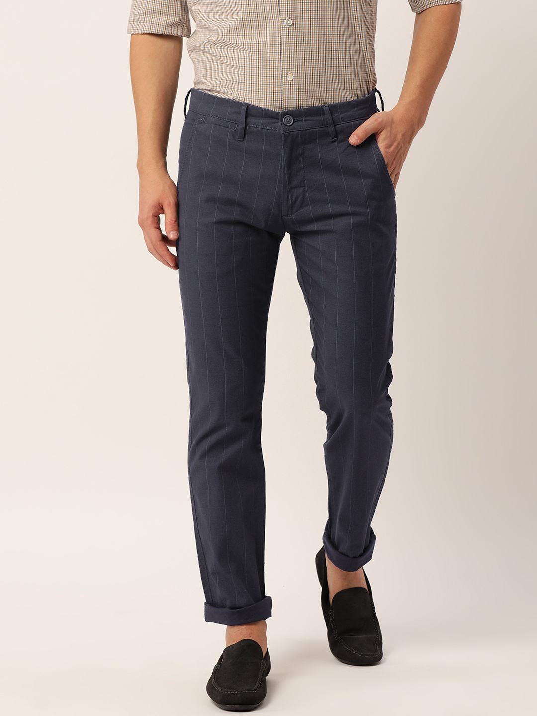 

PETER ENGLAND UNIVERSITY Men Navy Blue Striped Super Slim Fit Regular Trousers