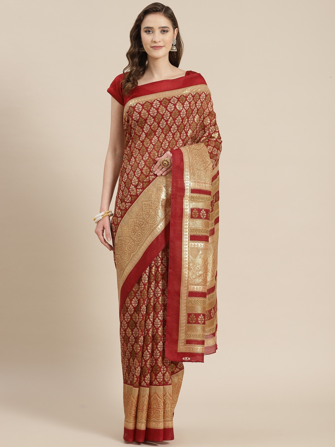 

mokshi Red & Beige Ethnic Motifs Zari Pure Silk Saree
