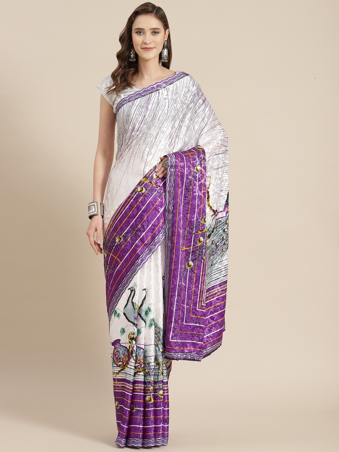 

mokshi White & Purple Peacock Printed Beads and Stones Pure Silk Saree