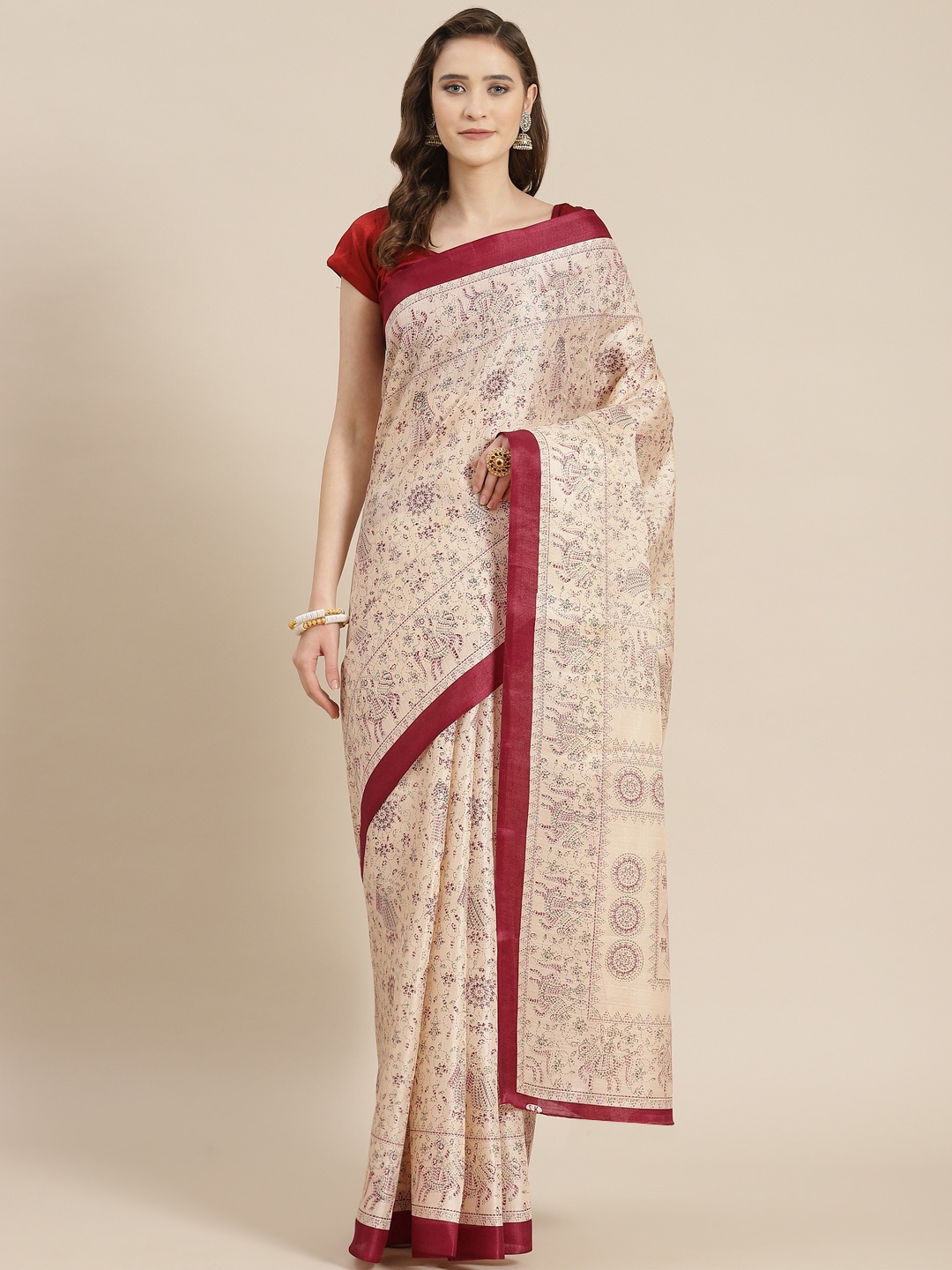 

mokshi Beige & Maroon Paisley Pure Silk Khadi Saree