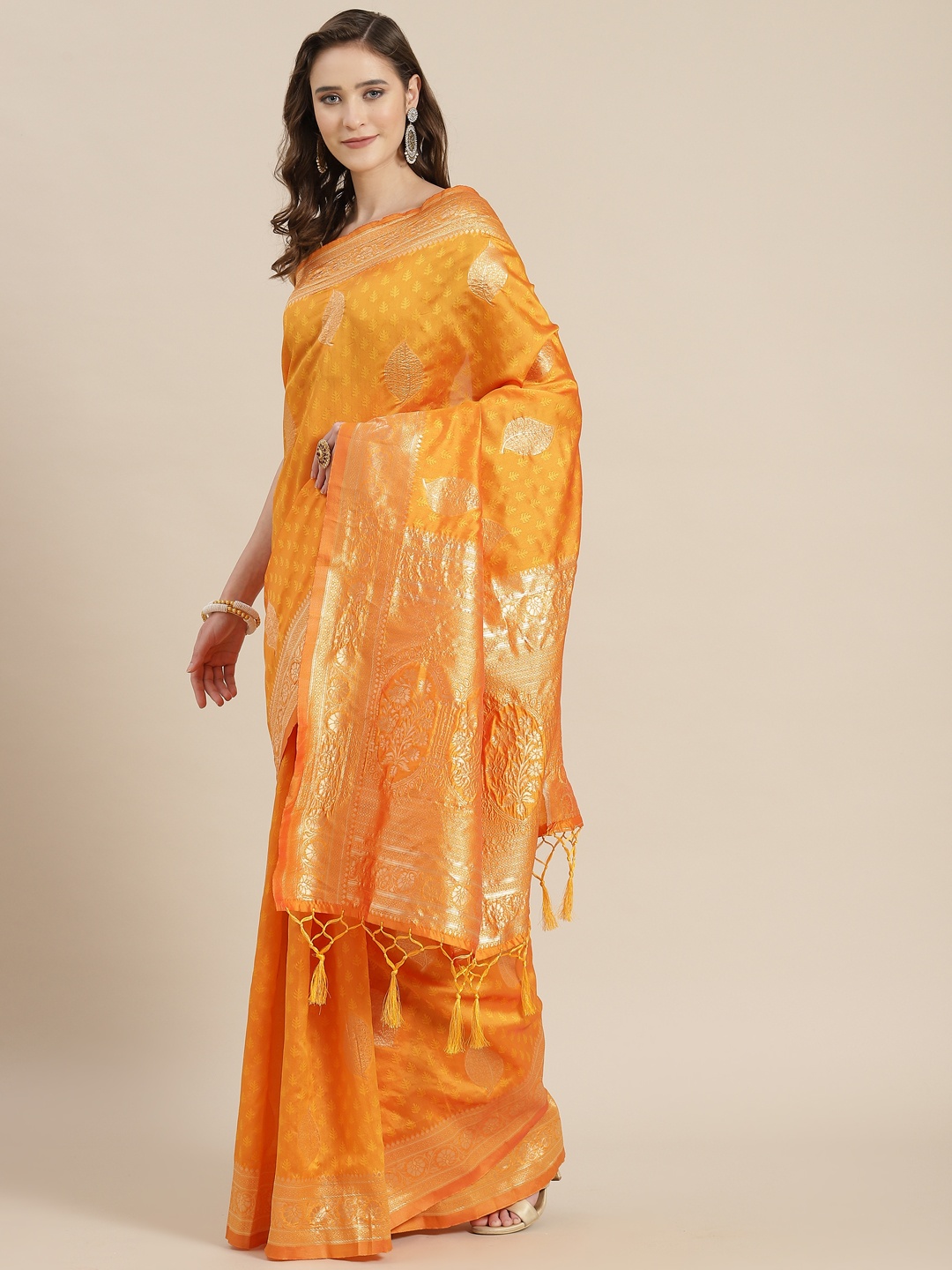 

mokshi Yellow Ethnic Motifs Zardozi Pure Silk Banarasi Saree