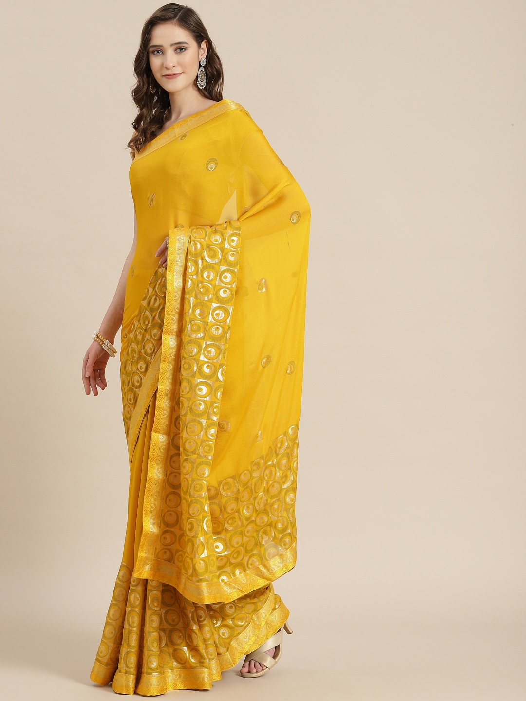 

mokshi Yellow Zari Pure Silk Saree