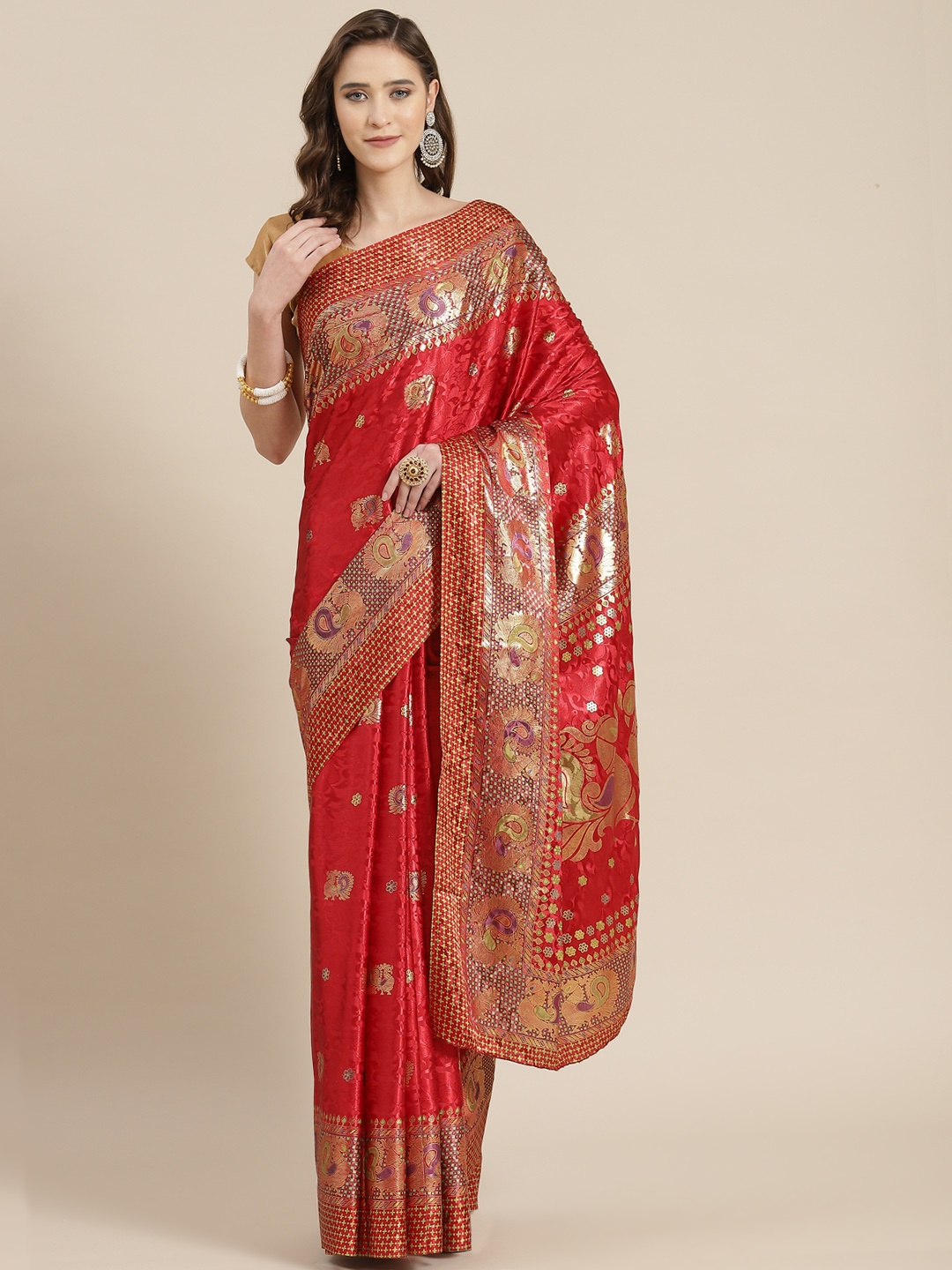 

mokshi Red & Gold-Toned Ethnic Motifs Zari Pure Silk Saree
