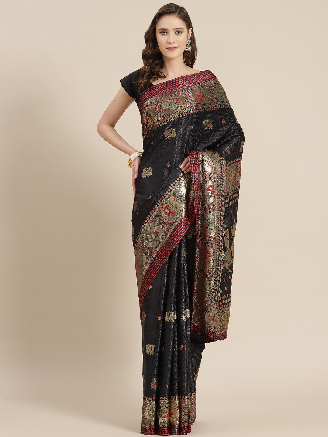 

mokshi Black & Red Ethnic Motifs Pure Silk Saree