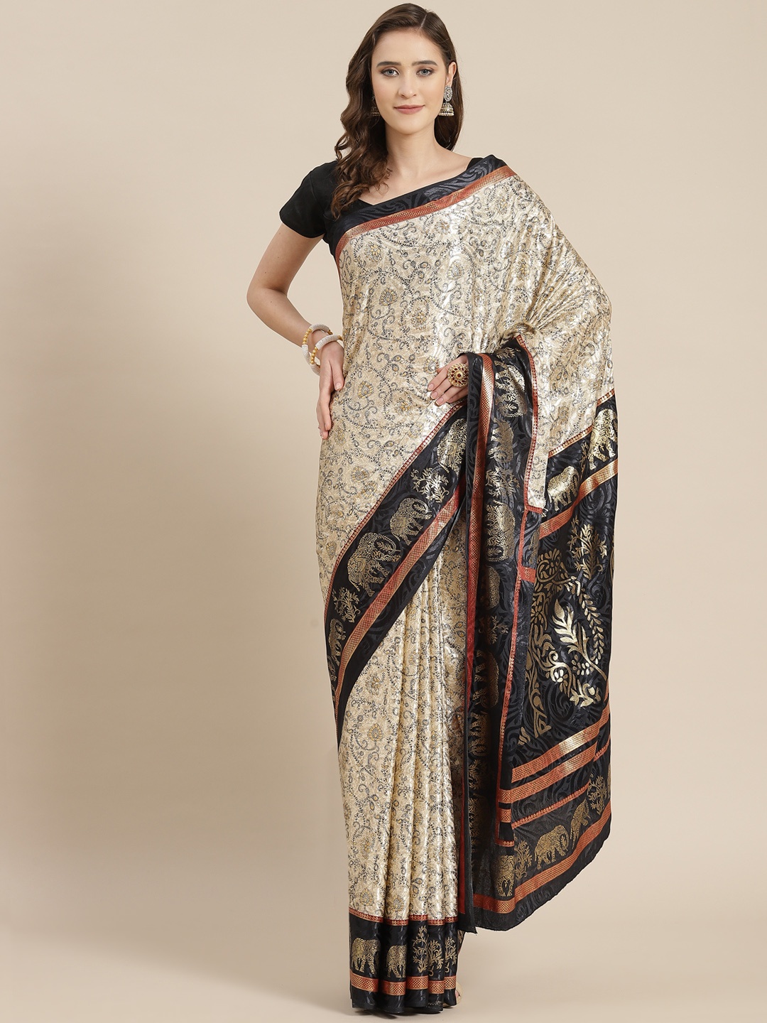 

mokshi Beige & Black Ethnic Motifs Pure Silk Saree
