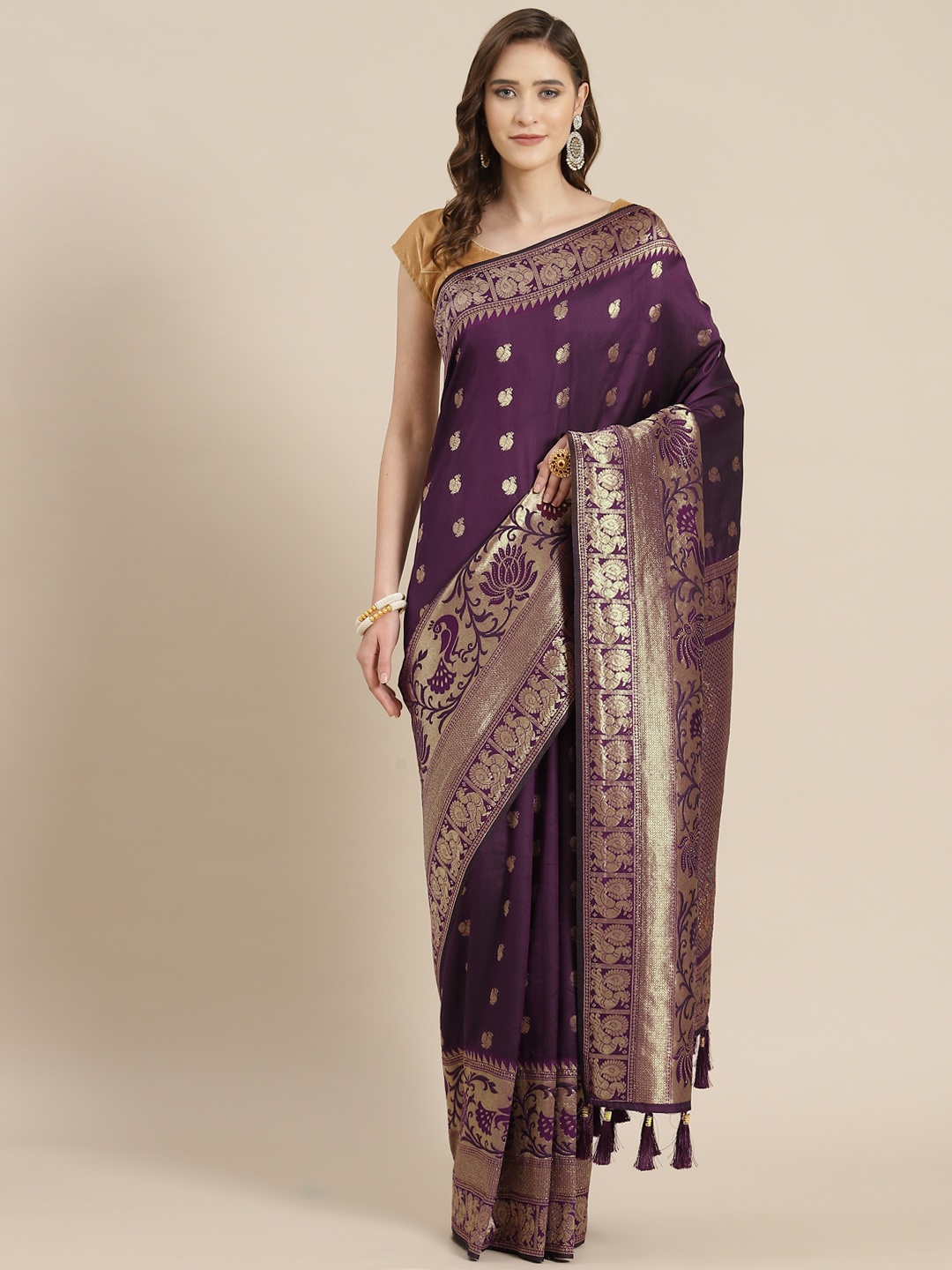 

mokshi Purple & Gold-Toned Ethnic Motifs Zari Pure Silk Kanjeevaram Saree