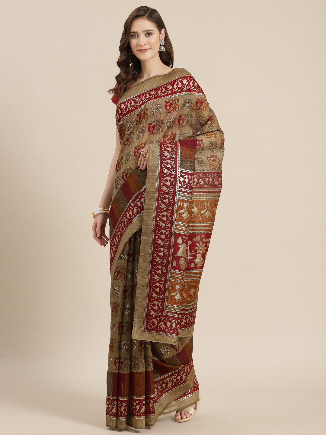 

mokshi Khaki & Maroon Warli Pure Silk Saree