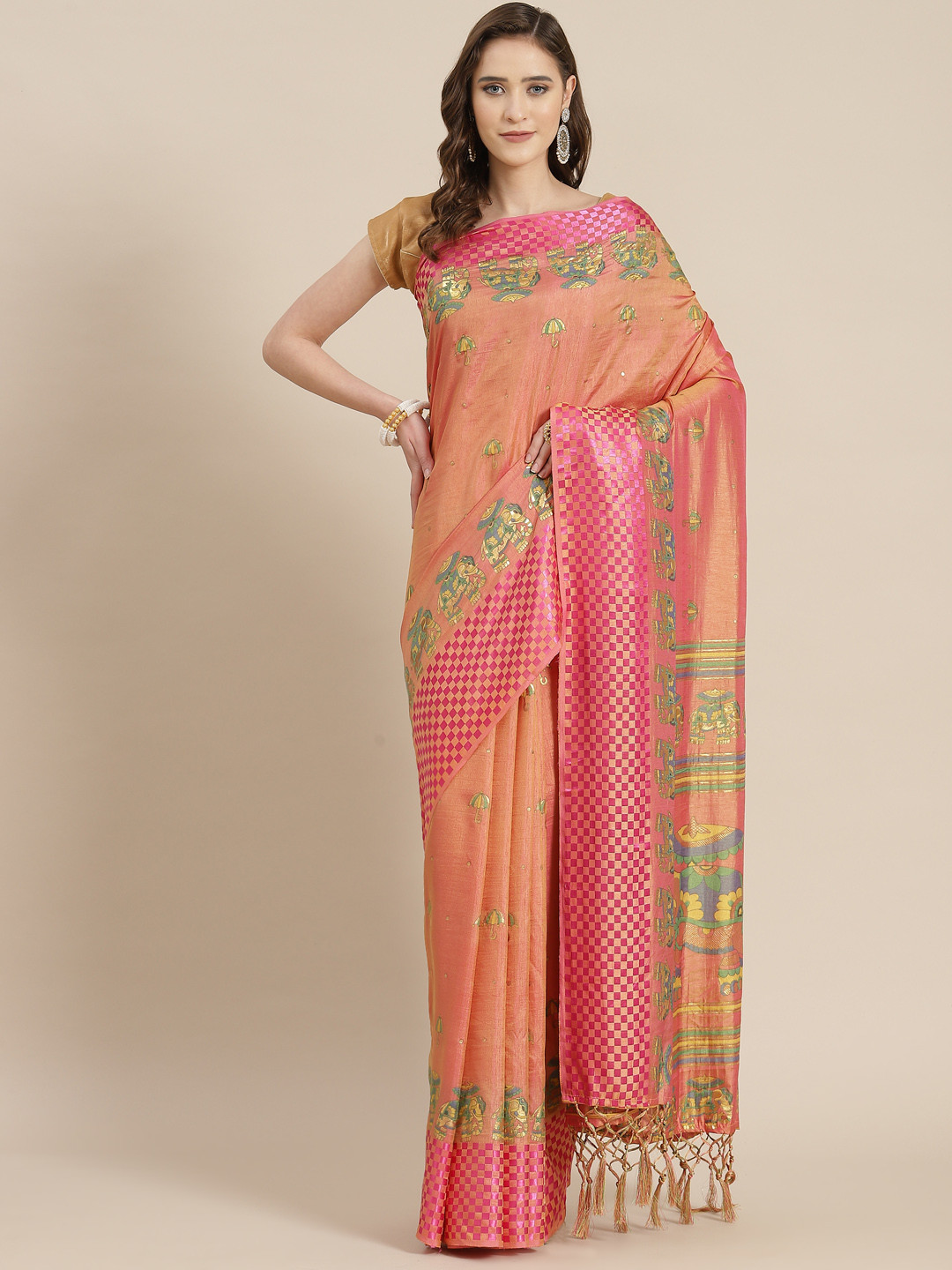 

mokshi Pink & Orange Kalamkari Pure Silk Chanderi Saree