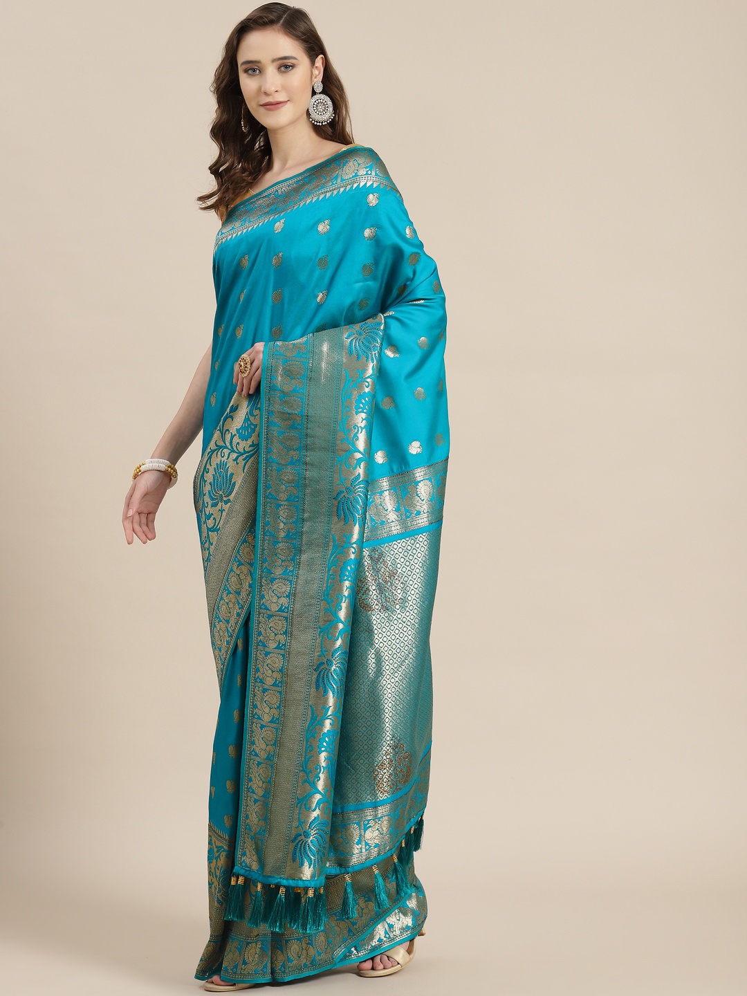 

mokshi Blue & Gold-Toned Ethnic Motifs Zari Pure Silk Kanjeevaram Saree