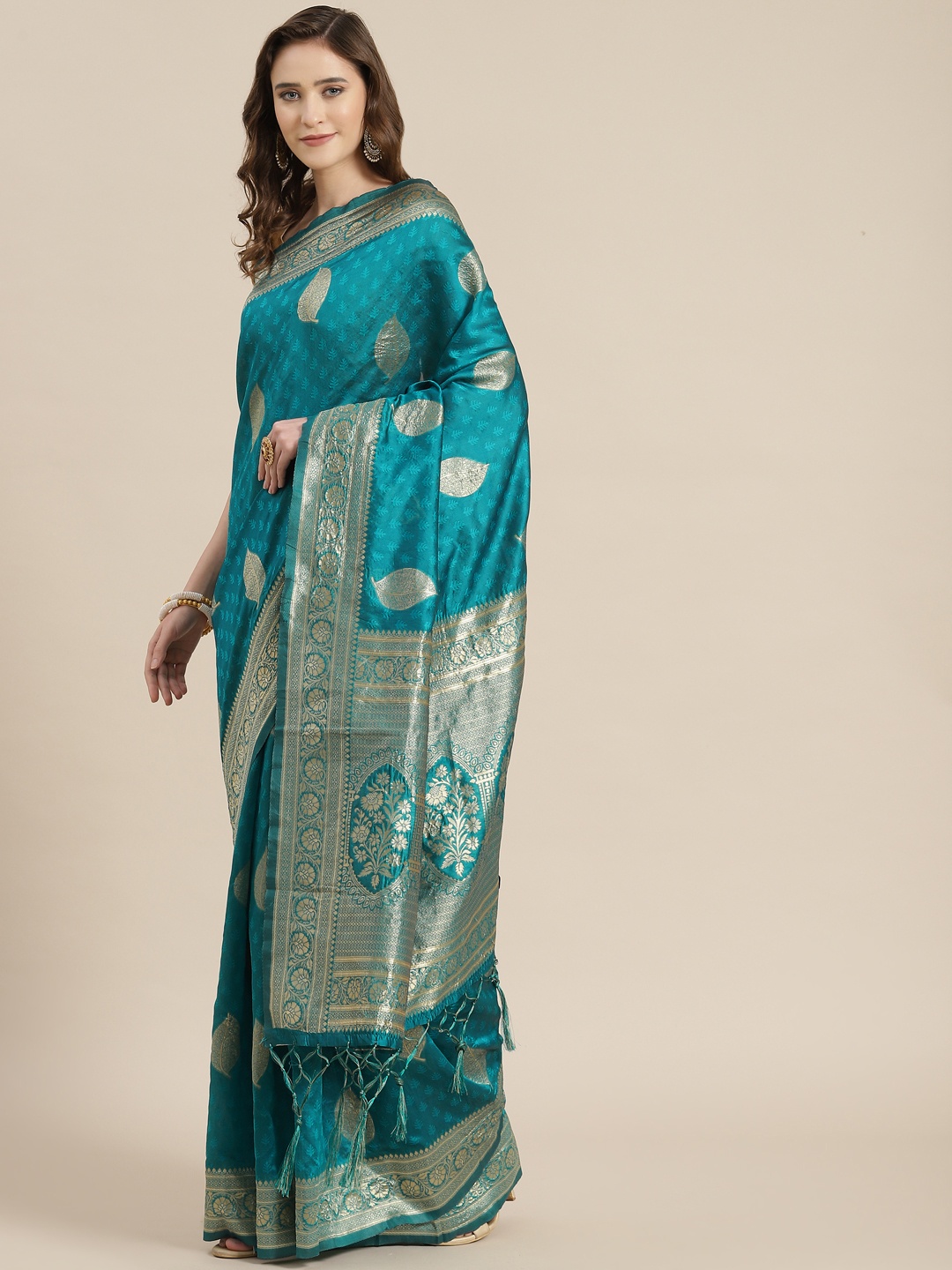 

mokshi Teal Green Ethnic Motifs Pure Silk Banarasi Saree
