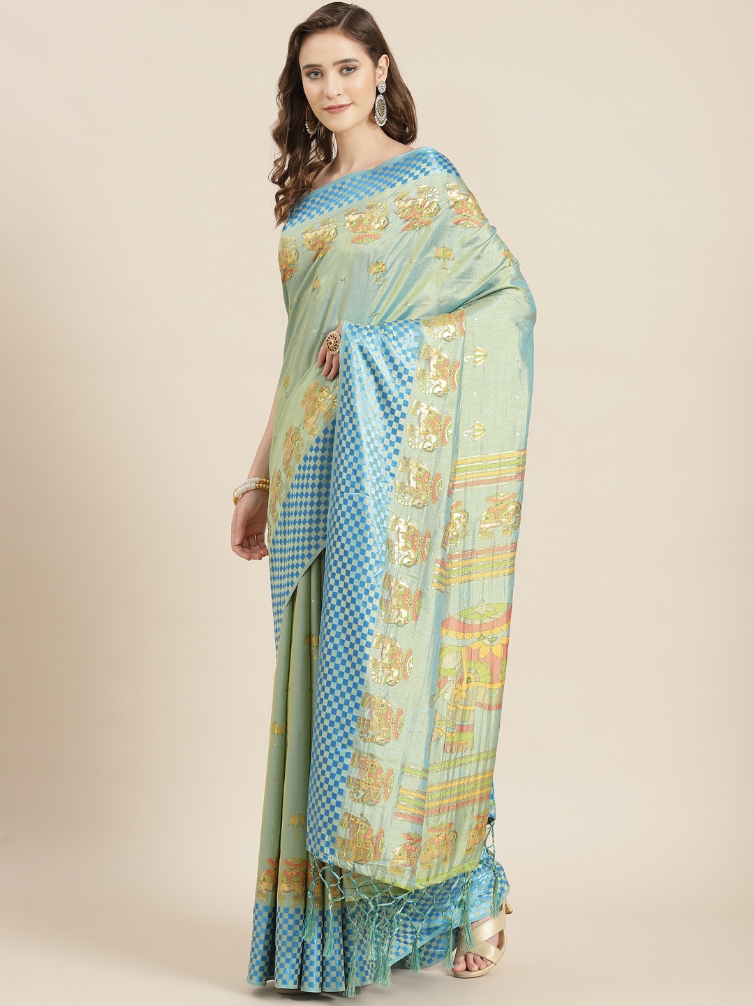 

mokshi Green & Blue Kalamkari Pure Silk Chanderi Saree