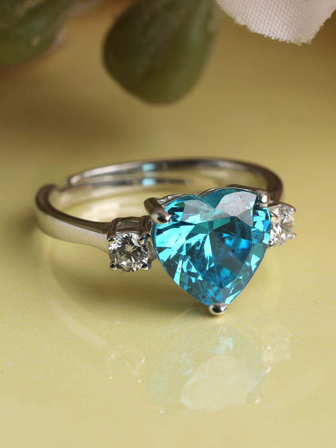 

Clara Silver & Turquoise Blue Rhodium-Plated Cubic Zirconia Studded Finger Ring