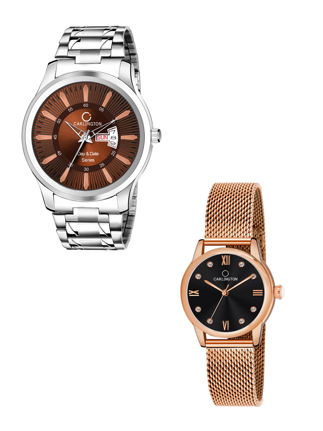 

CARLINGTON Men Set Of 2 Multicoloured Stainless Steel Bracelet Style Straps Analogue Watch, Multi