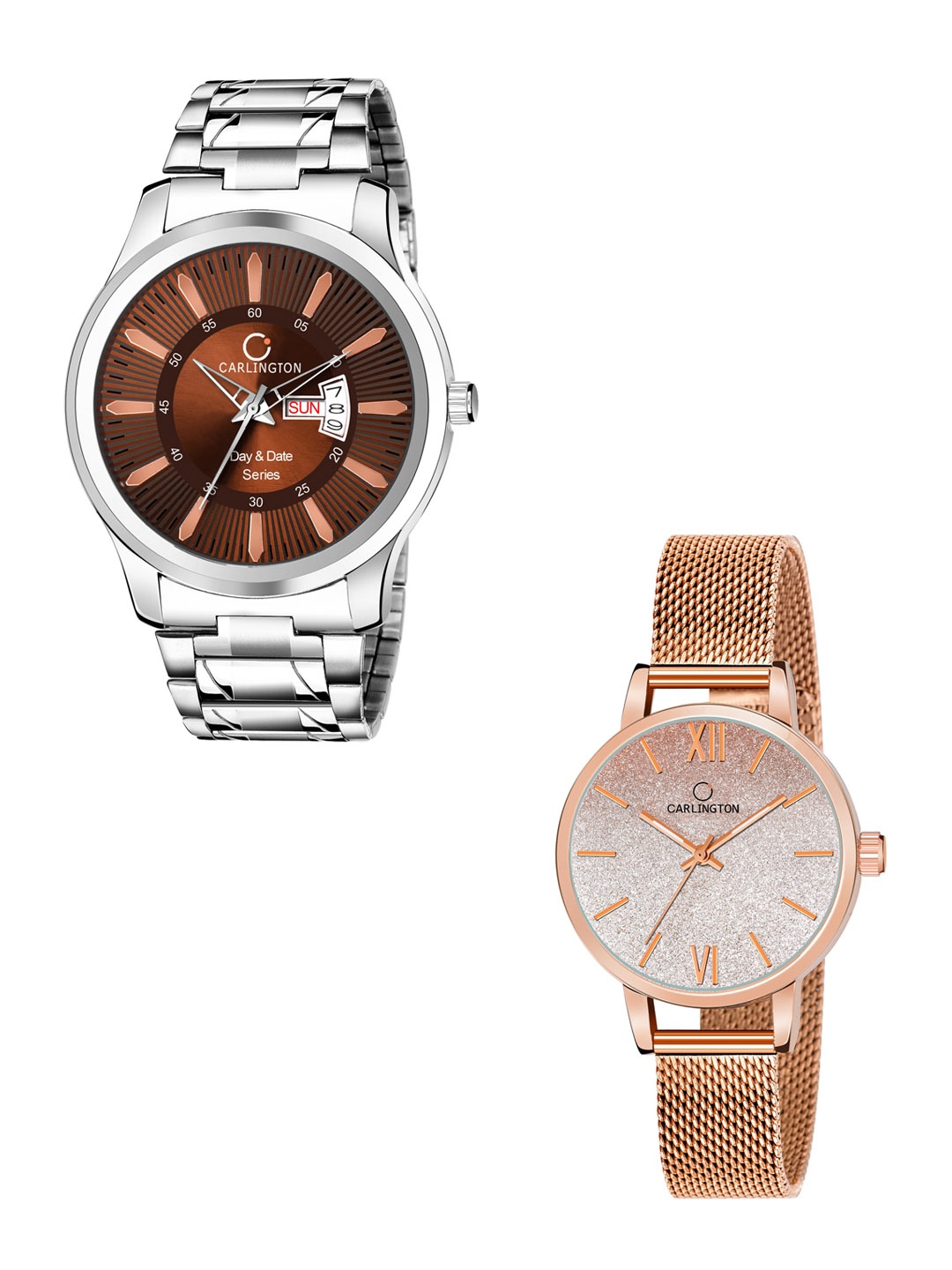 

CARLINGTON Men Pack of 2 Stainless Steel Bracelet Style Straps Analogue Watch, Multi