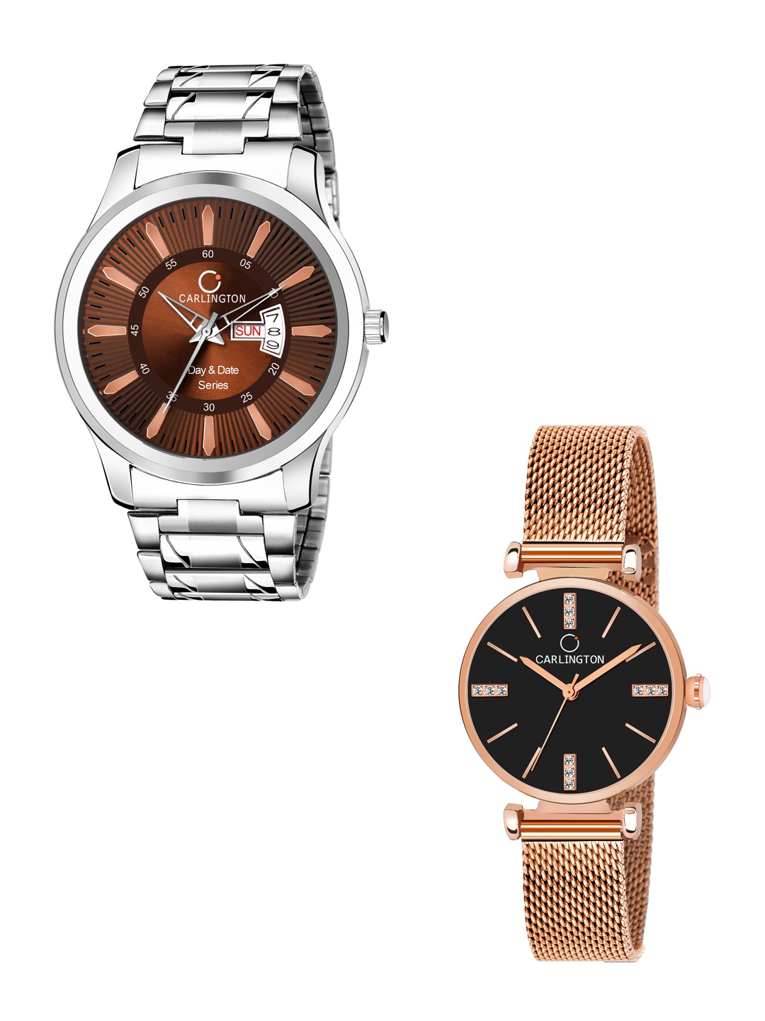 

CARLINGTON Men Set Of 2 Multicoloured Stainless Steel Bracelet Style Straps Analogue Watch, Multi