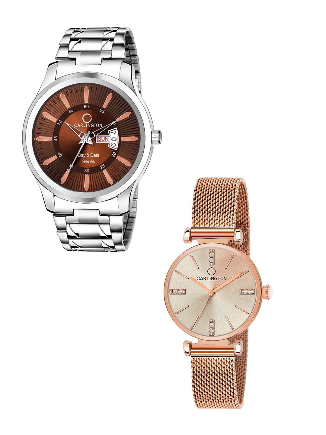 

CARLINGTON Men Set Of 2 Multicoloured Stainless Steel Bracelet Style Straps Analogue Watch, Multi
