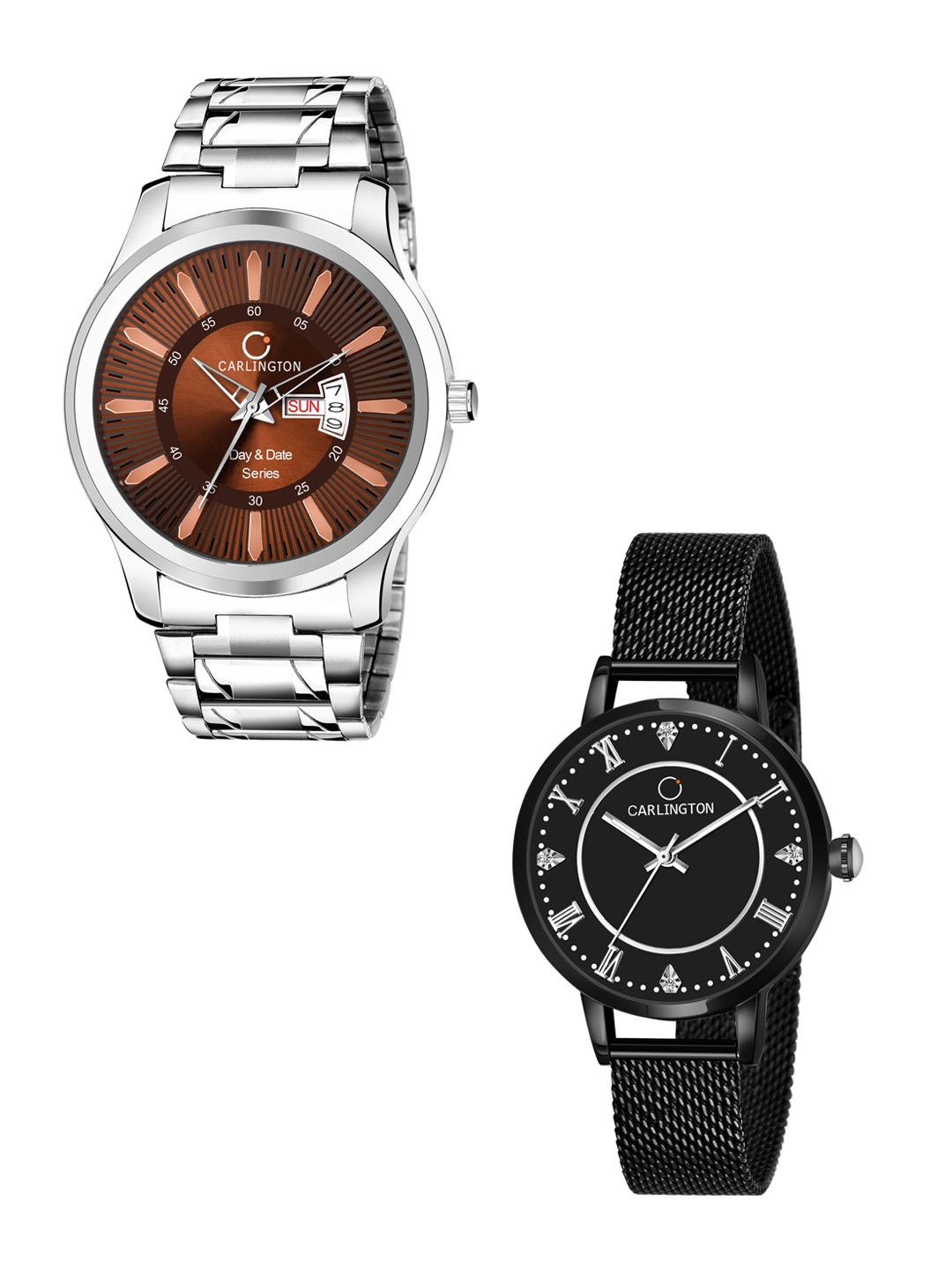 

CARLINGTON Men Set Of 2 Multicoloured Stainless Steel Bracelet Style Straps Analogue Watch, Multi