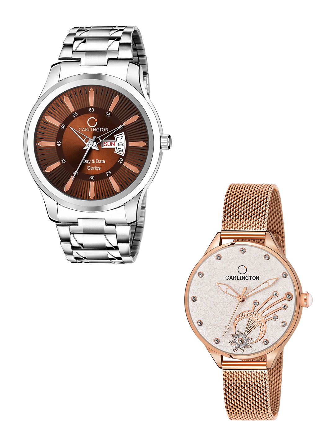 

CARLINGTON Men Pack of 2 Stainless Steel Bracelet Style Straps Analogue Watch, Multi