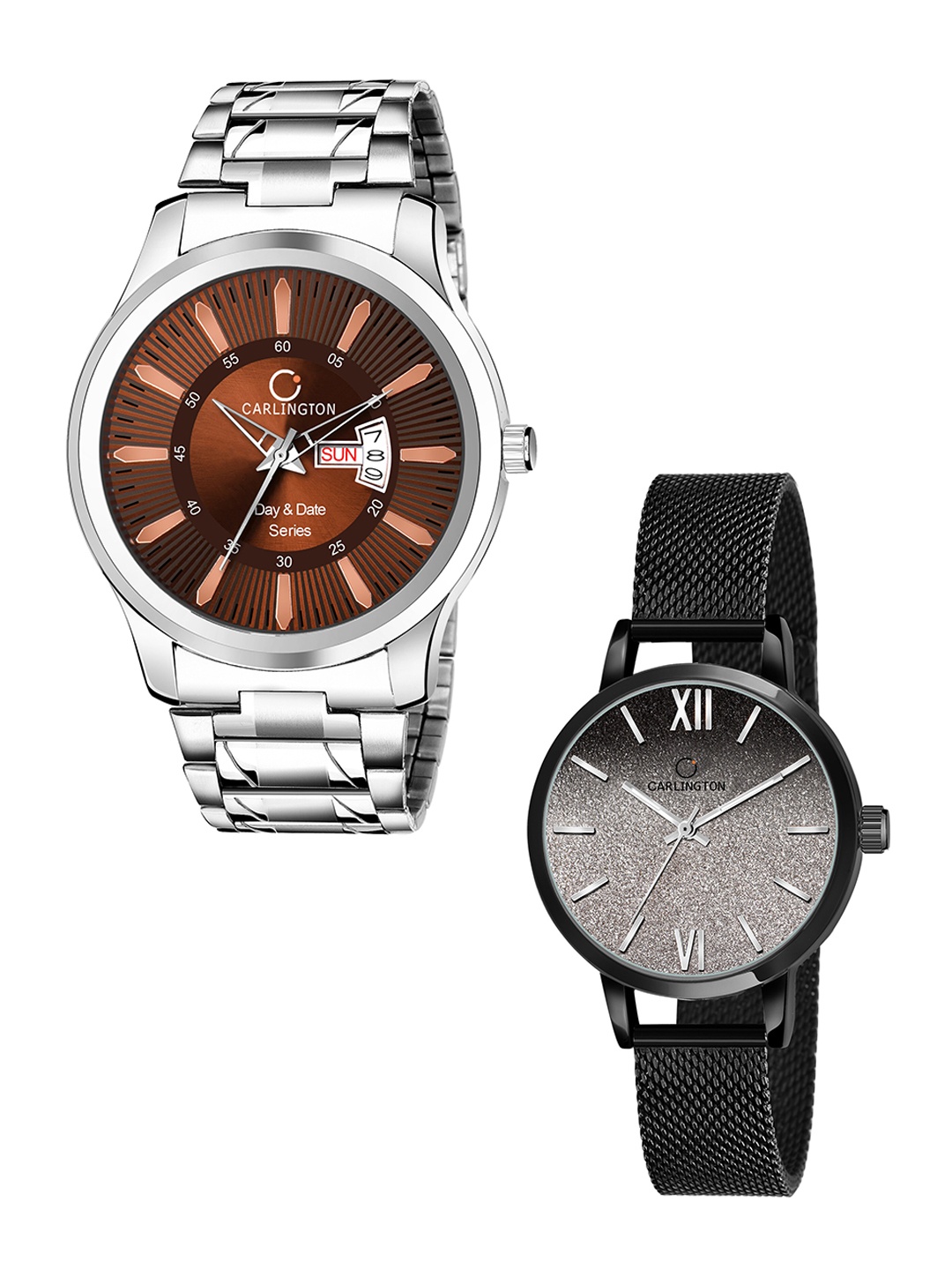 

CARLINGTON Men Set Of 2 Multicoloured Stainless Steel Bracelet Style Straps Analogue Watch, Multi