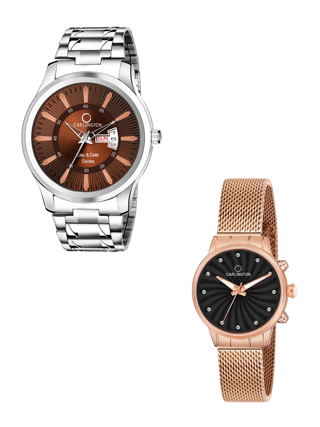 

CARLINGTON Men Pack of 2 Stainless Steel Bracelet Style Straps Analogue Watch, Multi