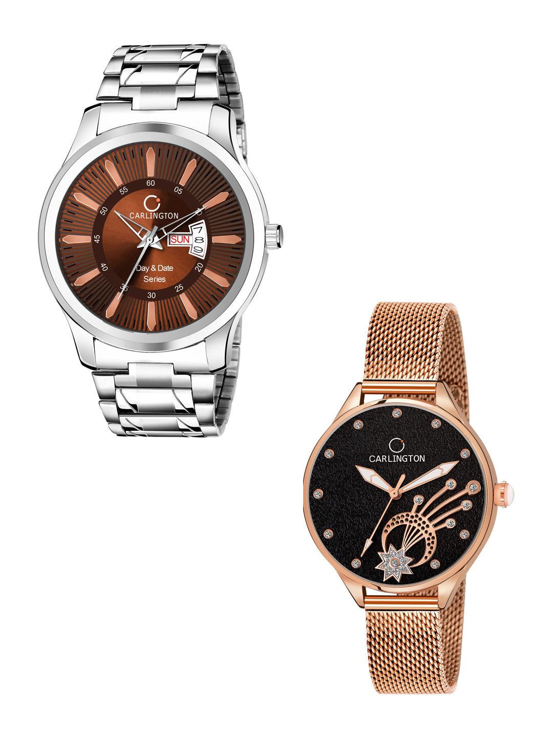 

CARLINGTON Men Pack of 2 Stainless Steel Bracelet Style Straps Analogue Watch, Multi